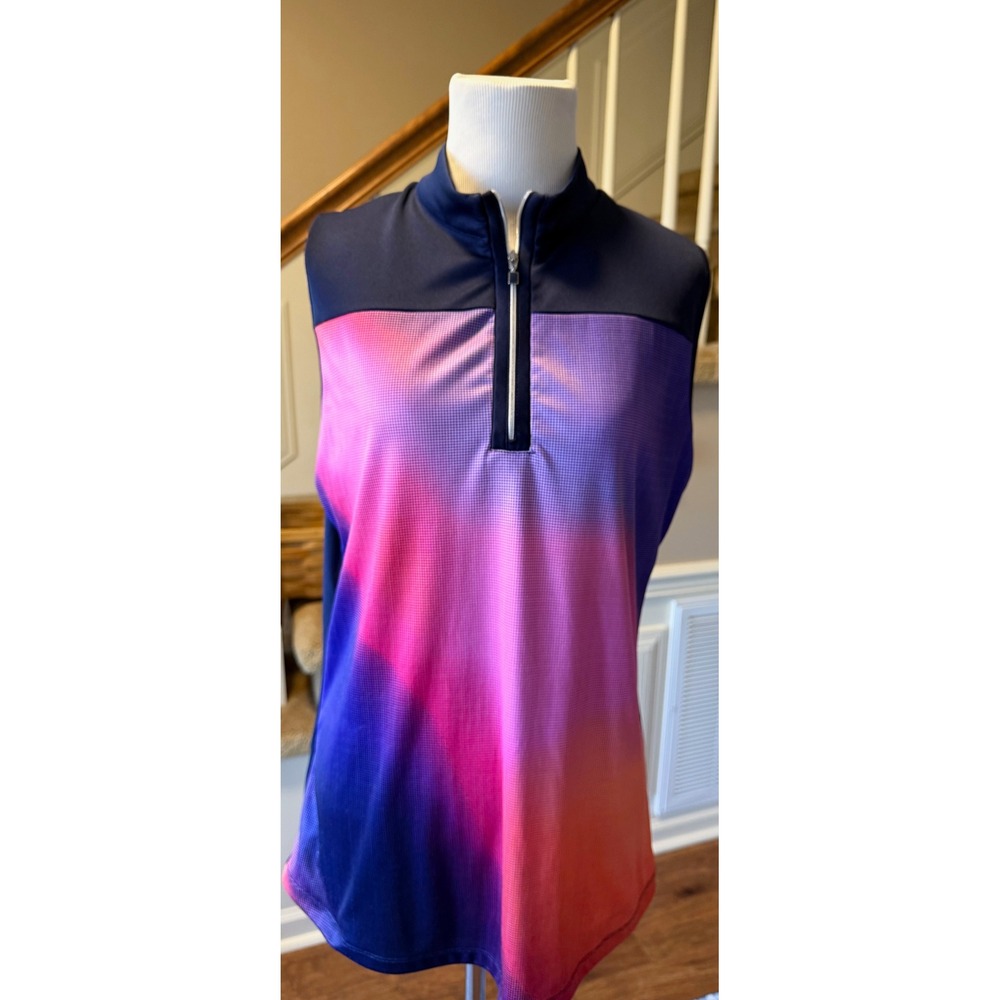 PGA TOUR Womens Sleeveless Golf Vest Quarter Zip Ombre Grid Print Blue Pink L